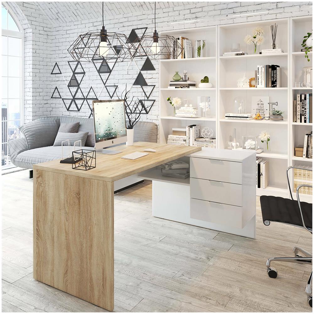Scrivania Greensboro, Scrittoio Multifunzione Reversibile Da Ufficio Con Cassettiera, Tavolo Da Studio O Ufficio Porta Pc Ad Angolo, 145x108h73 Cm, Rovere E Bianco - Foto 1