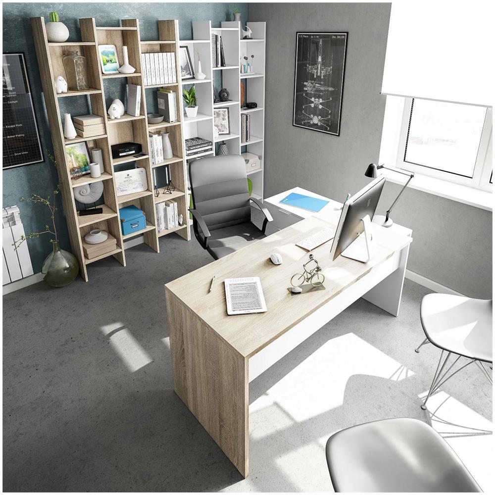 Scrivania Greensboro, Scrittoio Multifunzione Reversibile Da Ufficio Con Cassettiera, Tavolo Da Studio O Ufficio Porta Pc Ad Angolo, 145x108h73 Cm, Rovere E Bianco - Foto 4