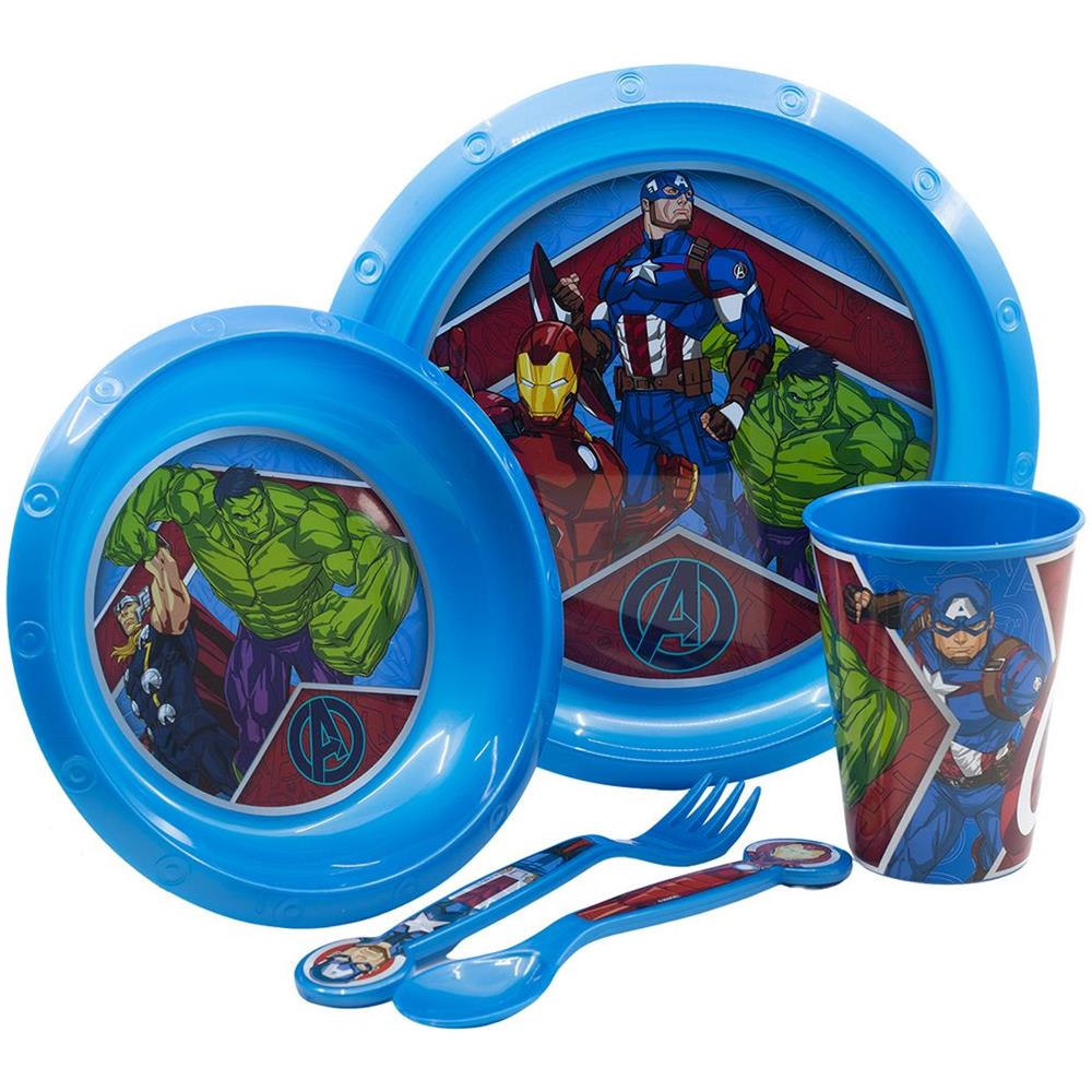 Set Pappa 5 Pezzi Rosso E Blu In Plastica Avengers Hulk Iron Man Captain America Thor Piatti Bicchiere Posate - Foto 2