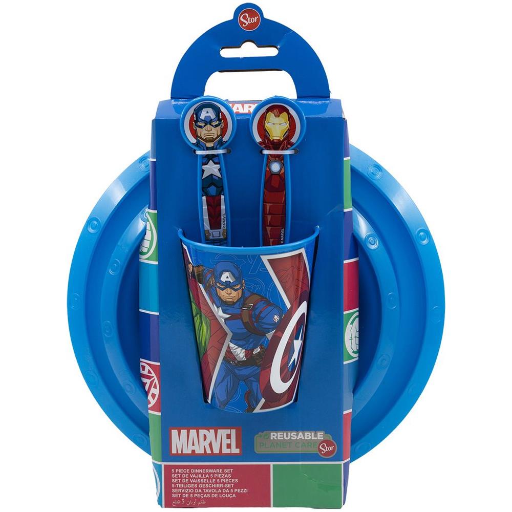 Set Pappa 5 Pezzi Rosso E Blu In Plastica Avengers Hulk Iron Man Captain America Thor Piatti Bicchiere Posate - Foto 3