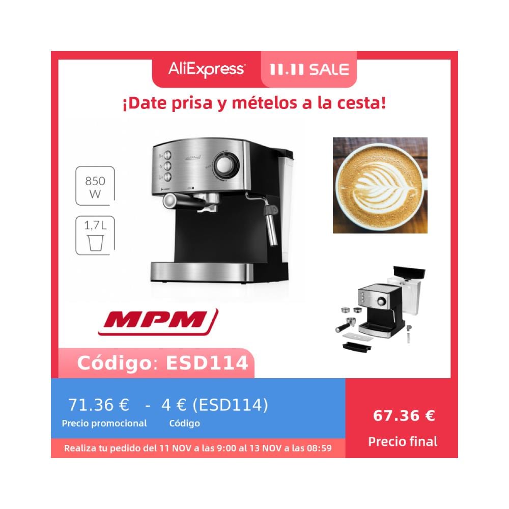 Mkw-06m Macchina Per Caffè Espresso Manuale 20 Bar, 1,7 L, Montalatte, Scaldatazze 850w Nero /argento - Foto 6