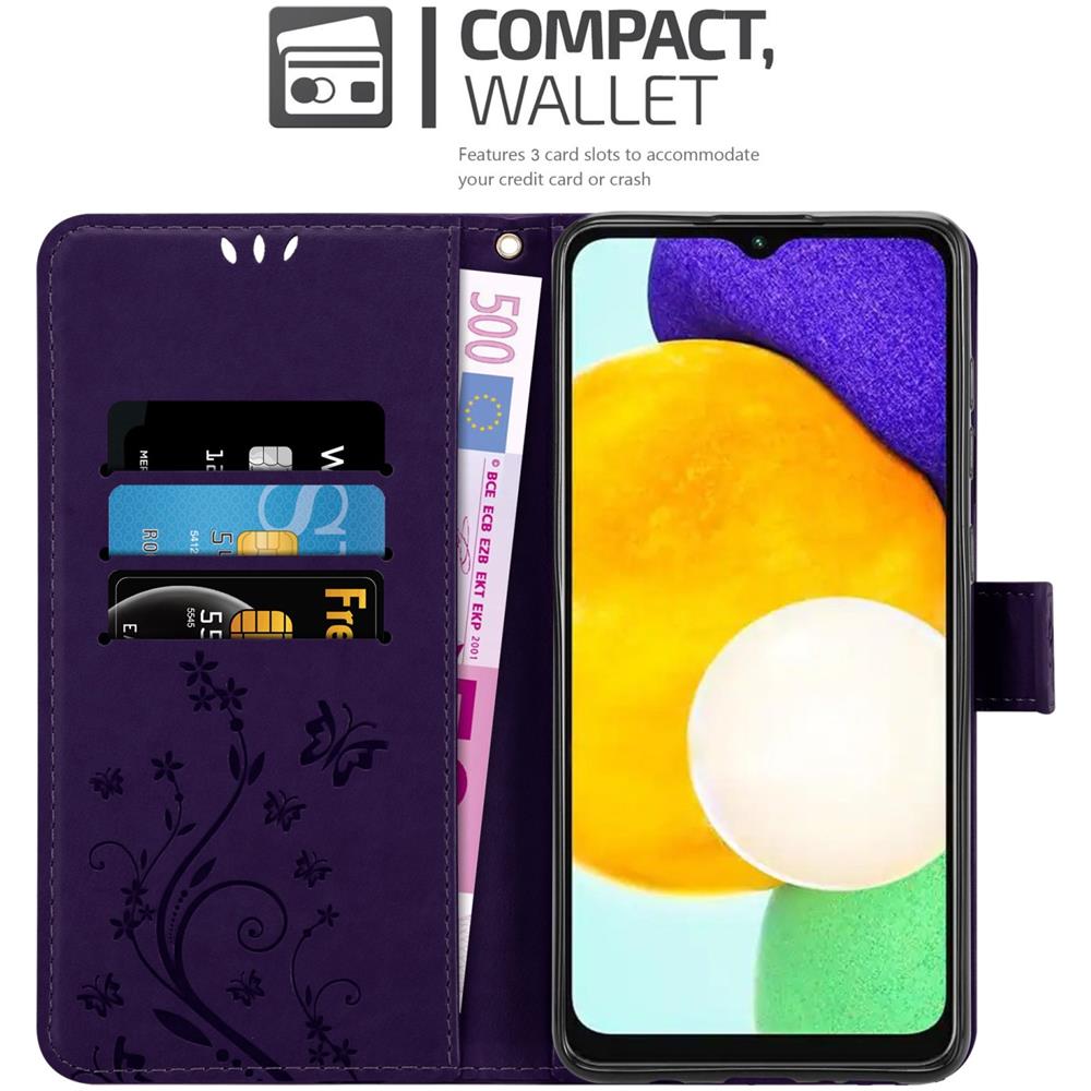 Custodia Compatibile Con Samsung Galaxy A13 5g In Lilla Scuro Fiore - Coperchio Protettivo In Design Floreale Con Chiusura Magnetica, Funzione Stand E Slot Per Carte - Foto 2