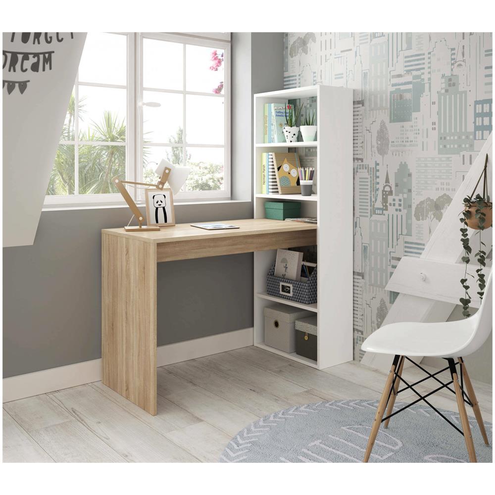 Scrivania Denton, Scrittoio Multifunzione Reversibile Con Libreria A 5 Ripiani, Tavolo Da Studio O Ufficio Porta Pc Portalibri, 120x53h144 Cm, Bianco E Rovere - Foto 1