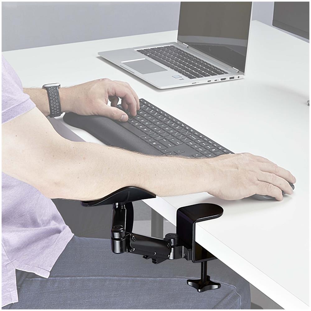Bracciolo regolabile per scrivania, supporto ergonomico per braccio /gomito, rotazione di 360 gradi, installazione a morsetto / senza trapano, nero - Foto 10
