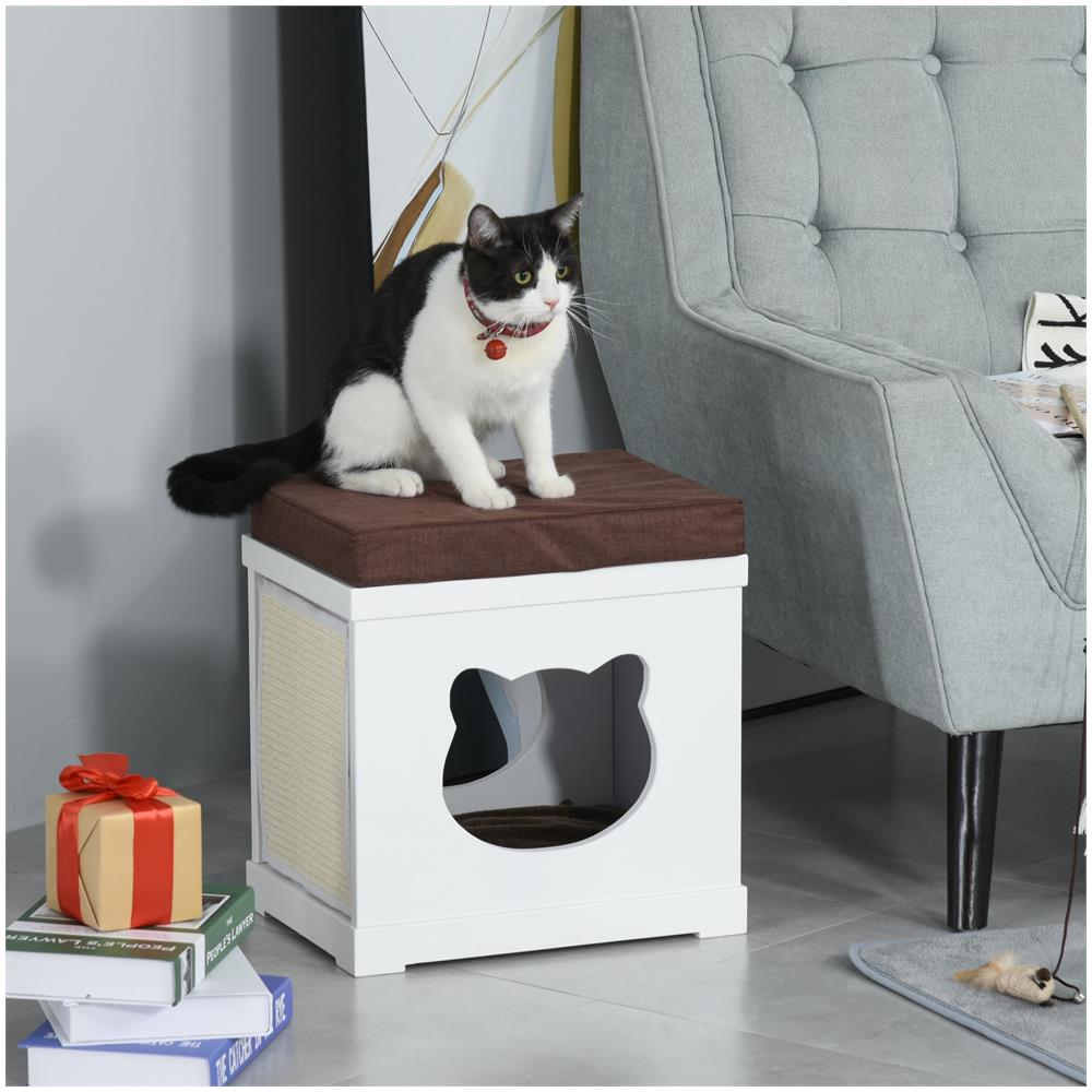 Cuccia Per Gatti In Legno Con 2 Cuscini E Tiragraffi Rimovibili, Bianco - Foto 3