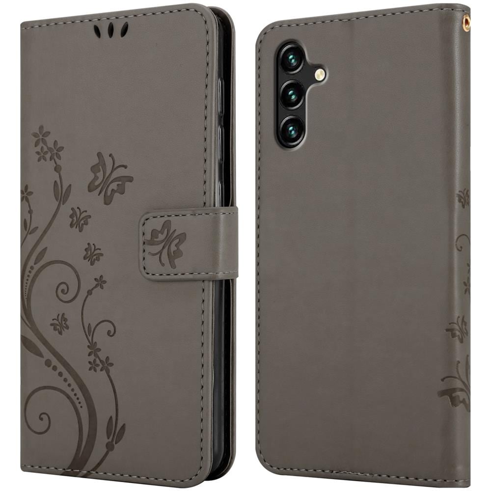 Custodia Compatibile Con Samsung Galaxy A13 5g In Grigio Fiore - Coperchio Protettivo In Design Floreale Con Chiusura Magnetica, Funzione Stand E Slot Per Carte - Foto 7