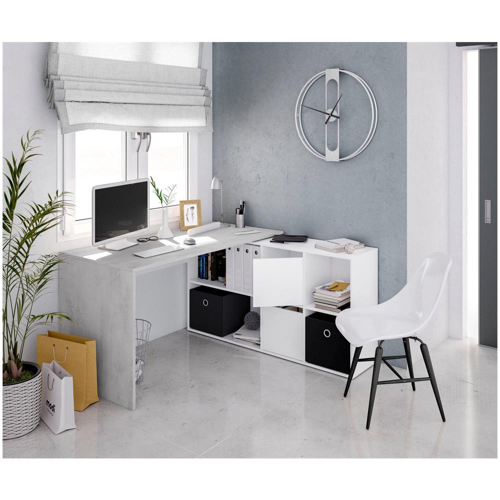 Scrivania Vallejo, Scrittoio Multifunzione Reversibile Multiposizione, Tavolo Da Studio O Ufficio Porta Pc Con Scaffale, 136x139h74 Cm, Bianco E Cemento - Foto 1