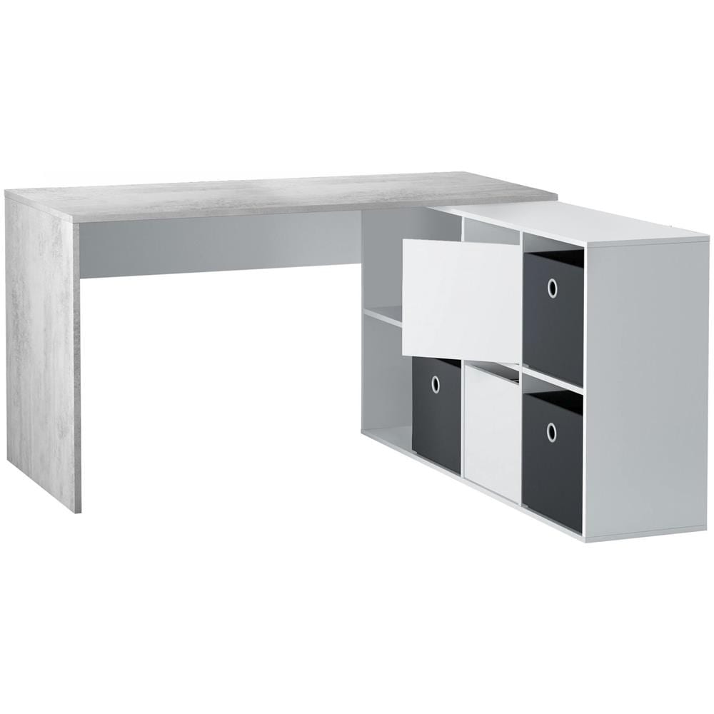 Scrivania Vallejo, Scrittoio Multifunzione Reversibile Multiposizione, Tavolo Da Studio O Ufficio Porta Pc Con Scaffale, 136x139h74 Cm, Bianco E Cemento - Foto 2