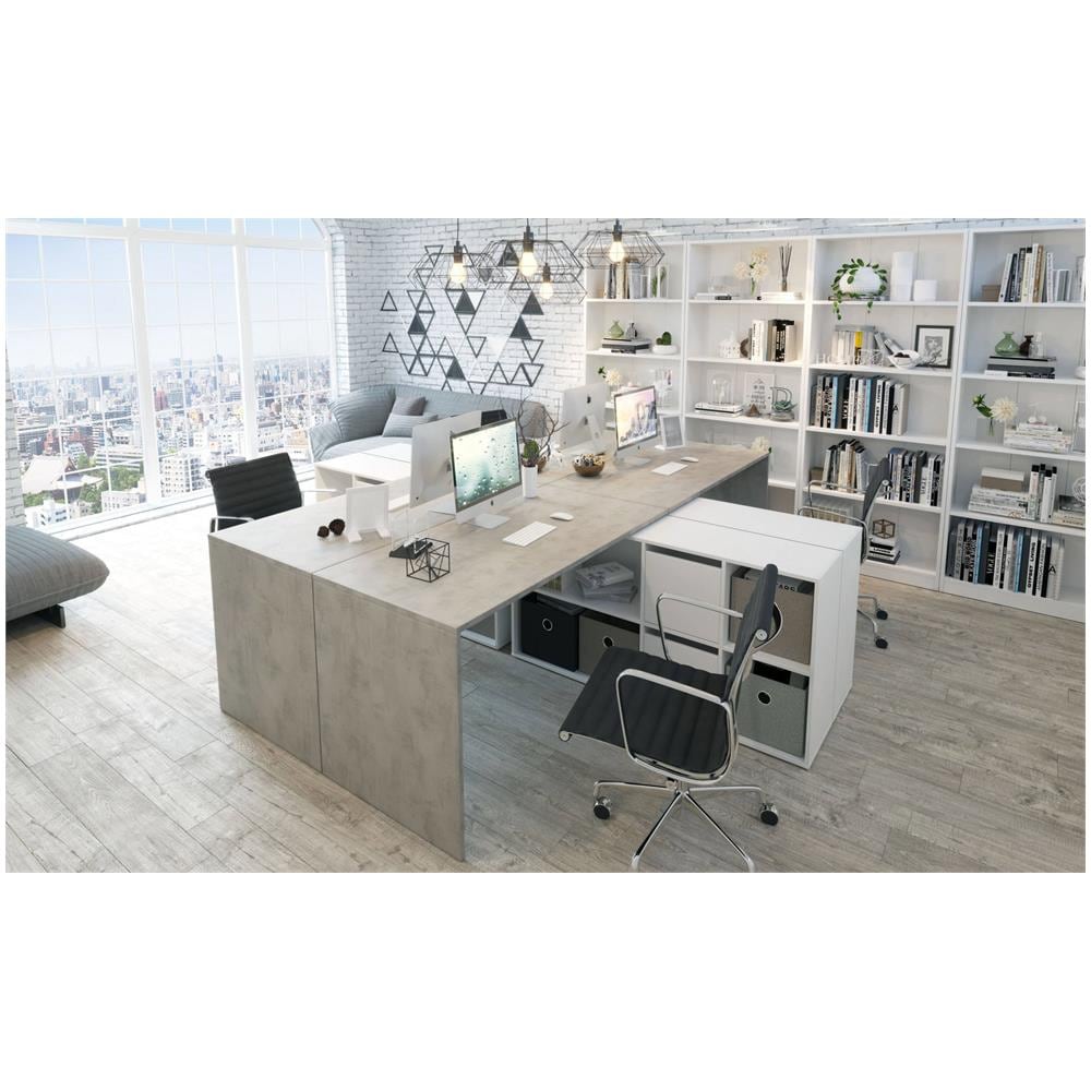 Scrivania Vallejo, Scrittoio Multifunzione Reversibile Multiposizione, Tavolo Da Studio O Ufficio Porta Pc Con Scaffale, 136x139h74 Cm, Bianco E Cemento - Foto 4