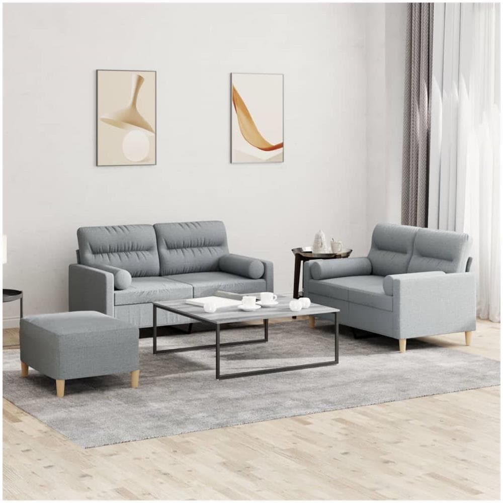 Set Divani 3 Pz Con Cuscini Grigio Chiaro In Tessuto - Foto 1