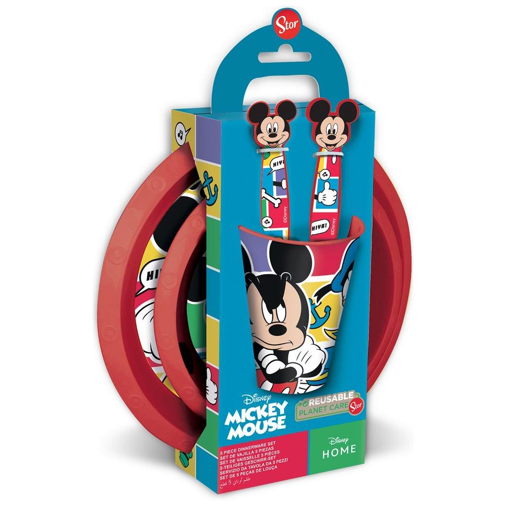Disney Set Pappa 5 Pezzi Rosso E Blu In Plastica Topolino Mickey Mouse Piatti Bicchiere Posate - Foto 1
