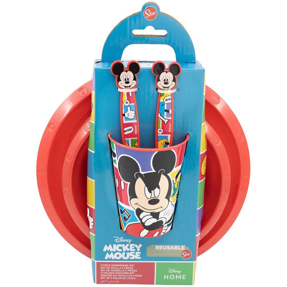 Disney Set Pappa 5 Pezzi Rosso E Blu In Plastica Topolino Mickey Mouse Piatti Bicchiere Posate - Foto 2