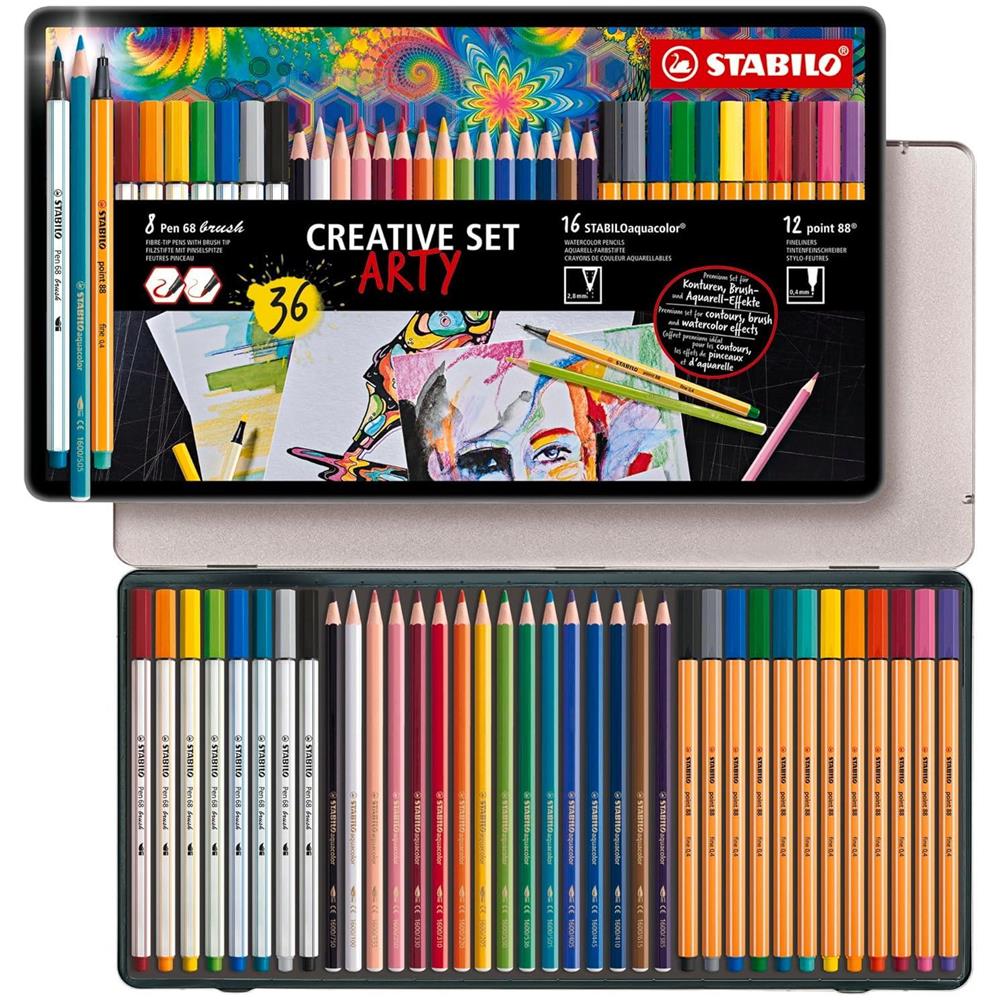 ARTY Creative Set - Set Creativo - Scatola in metallo da 36 - 12 fineliner point 88 + 8 pennarelli Pen 68 brush + 16 matite colorate aquacolor - Foto 1