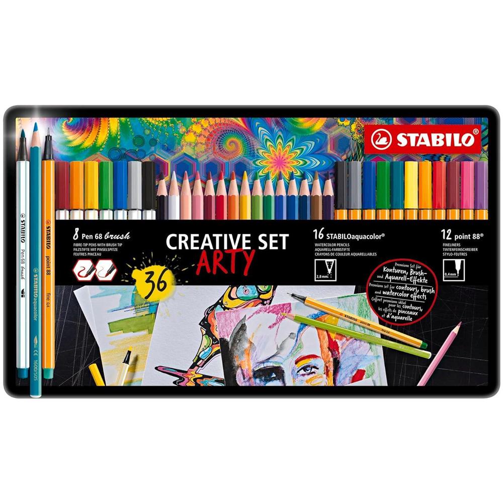 ARTY Creative Set - Set Creativo - Scatola in metallo da 36 - 12 fineliner point 88 + 8 pennarelli Pen 68 brush + 16 matite colorate aquacolor - Foto 2