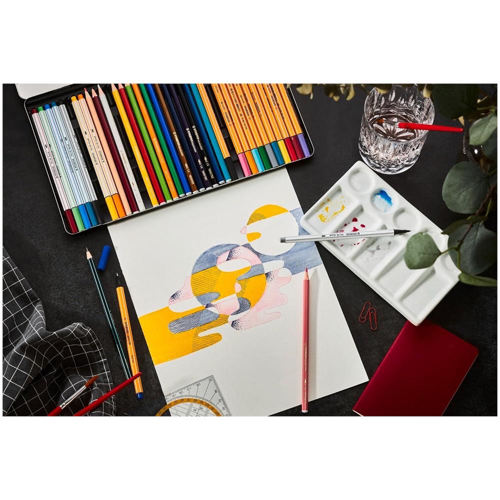 ARTY Creative Set - Set Creativo - Scatola in metallo da 36 - 12 fineliner point 88 + 8 pennarelli Pen 68 brush + 16 matite colorate aquacolor - Foto 9