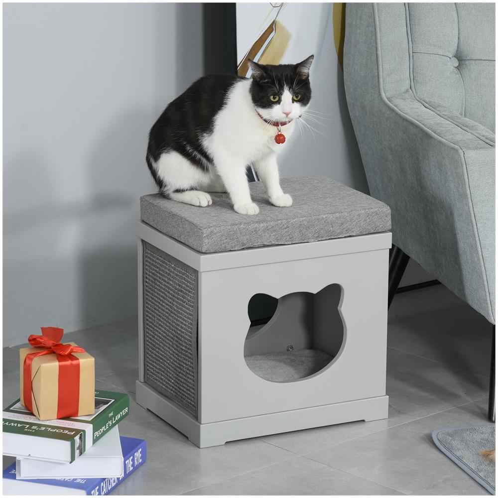 Cuccia Per Gatti In Legno Con 2 Cuscini E Tiragraffi Rimovibili, Grigio - Foto 2