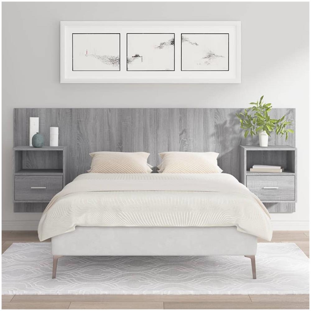 Testiera Letto Con Comodini In Legno Multistrato Grigio Sonoma - Foto 1