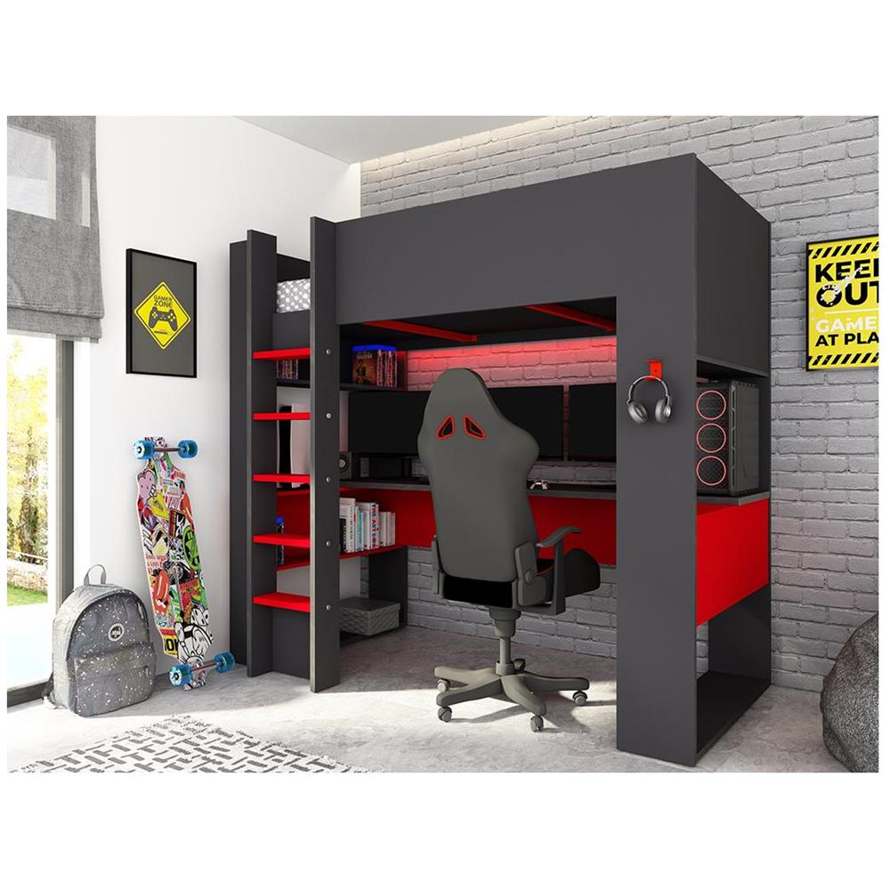 Letto A Soppalco Gamer + Scrivania Con Led E Vani Portaoggetti Integrati 90 X 200 Cm Antracite E Rosso - Noah - Foto 1