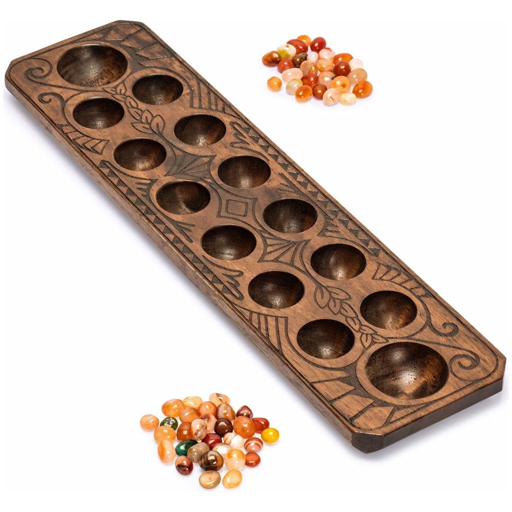Set Mancala rts Con Tavola In Legno Massello Da 17,3 Pollici E Pezzi Da Gioco In Ciottoli Di Quarzo - Realizzati - Foto 1