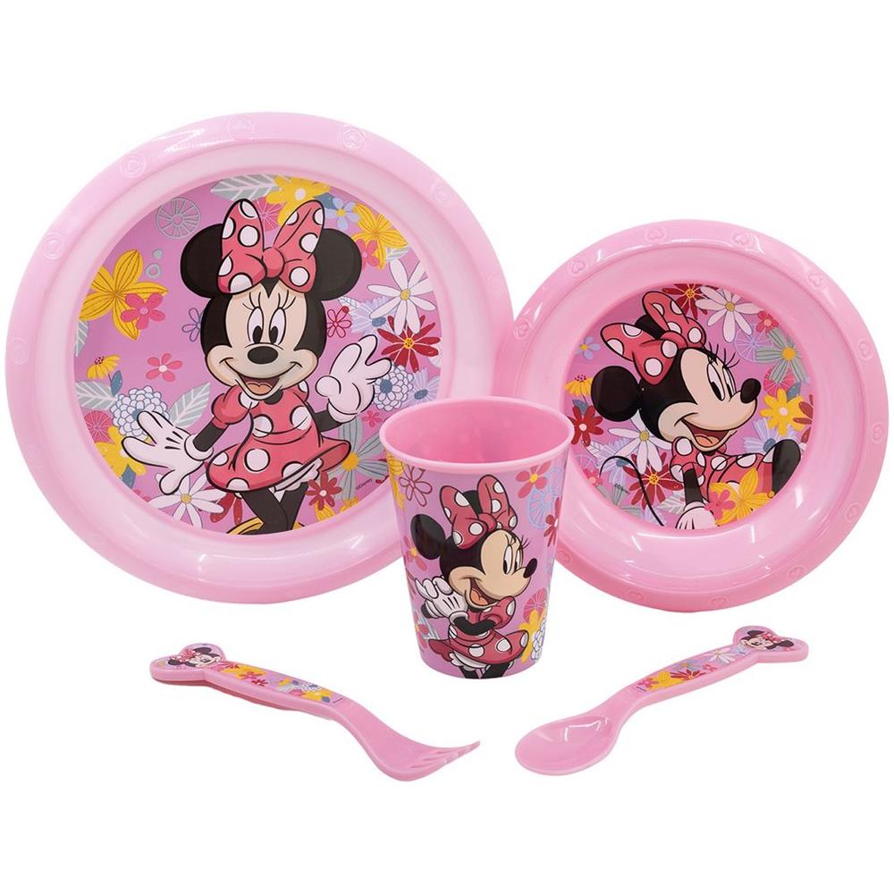 Disney Set Pappa 5 Pezzi Rosa In Plastica Minnie Topolina Piatti Bicchiere Posate - Foto 2