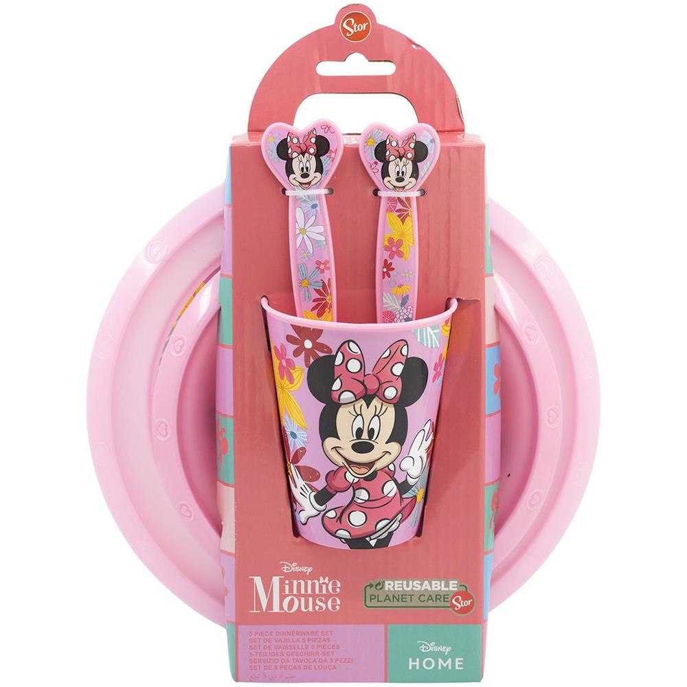 Disney Set Pappa 5 Pezzi Rosa In Plastica Minnie Topolina Piatti Bicchiere Posate - Foto 3
