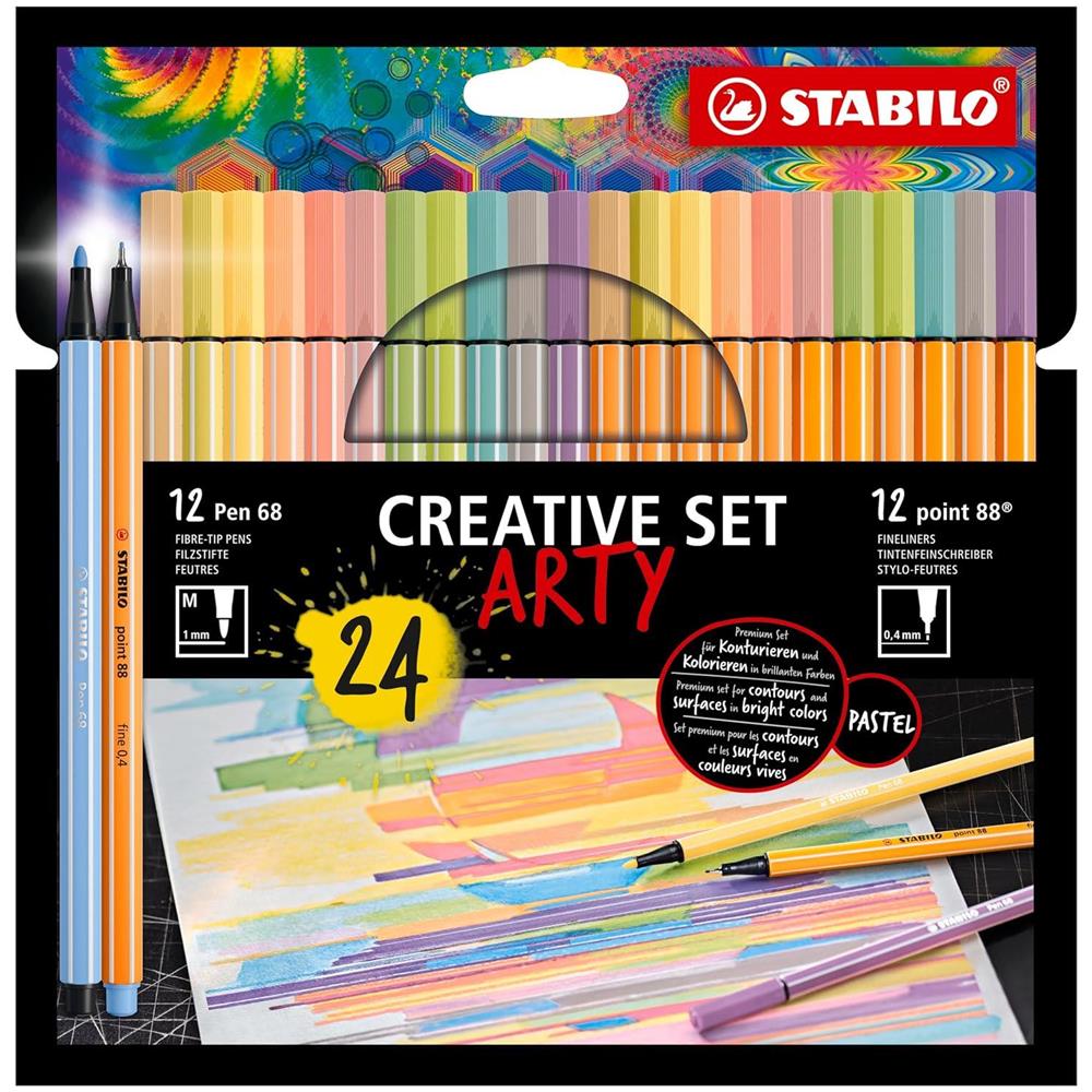 ARTY Creative Set - Set Creativo - Astuccio da 24 - 11 Fineliner point 88 + 13 Pennarelli Premium Pen 68 - Colori Pastello - Foto 1