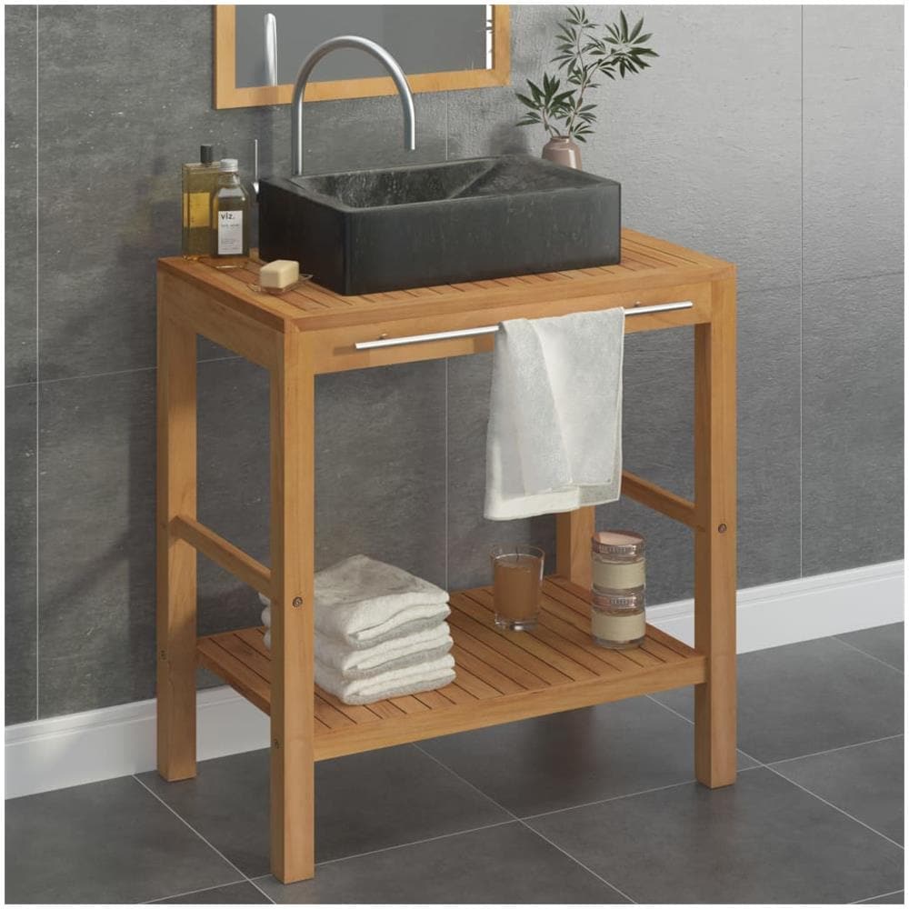 Armadietto Da Bagno In Legno Di Teak Con Lavabo In Marmo Nero - Foto 1