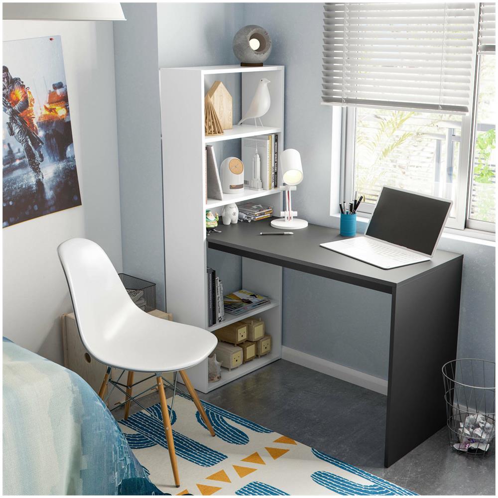 Scrivania Denton, Scrittoio Multifunzione Con Libreria A 5 Ripiani, 120x53 h144 Cm, Bianco E Antracite - Foto 4