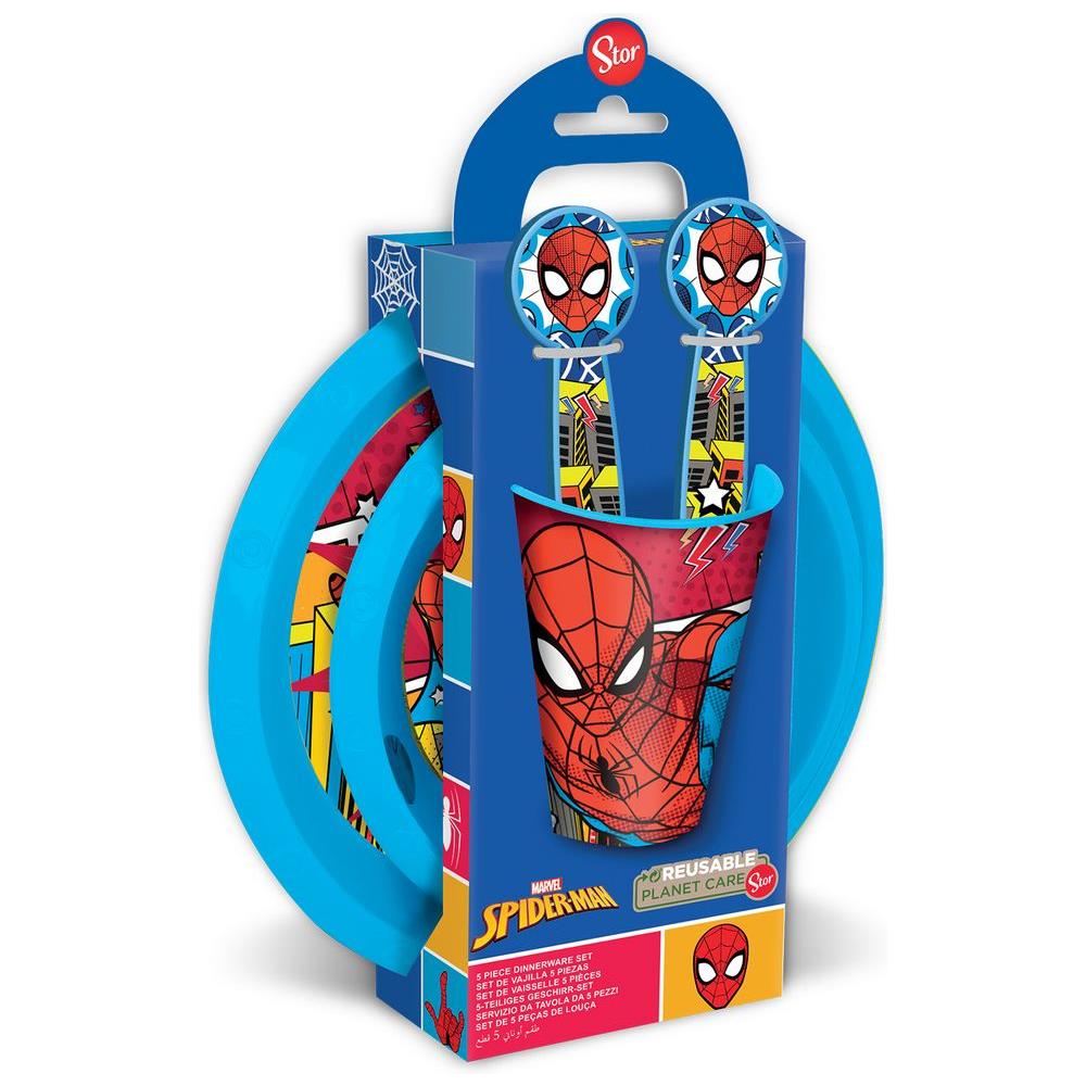 Set Pappa 5 Pezzi Rosso E Blu In Plastica Spiderman Uomo Ragno Piatti Bicchiere Posate - Foto 1