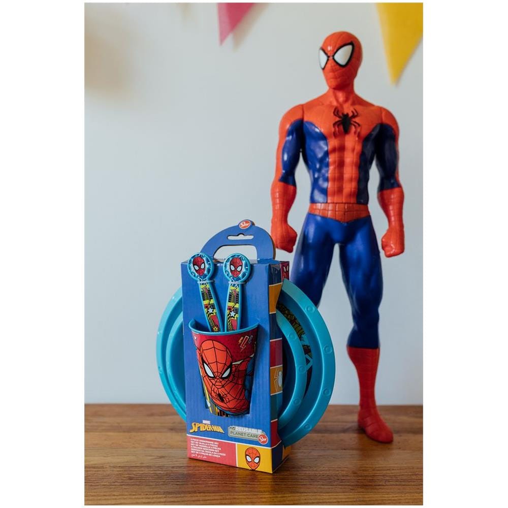Set Pappa 5 Pezzi Rosso E Blu In Plastica Spiderman Uomo Ragno Piatti Bicchiere Posate - Foto 2