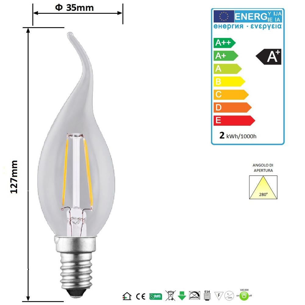 E14 2W, Lampada Colpo Di Vento Bt35 A Filamento Led, Luce Calda 2700K, 180 Lumen - Foto 2