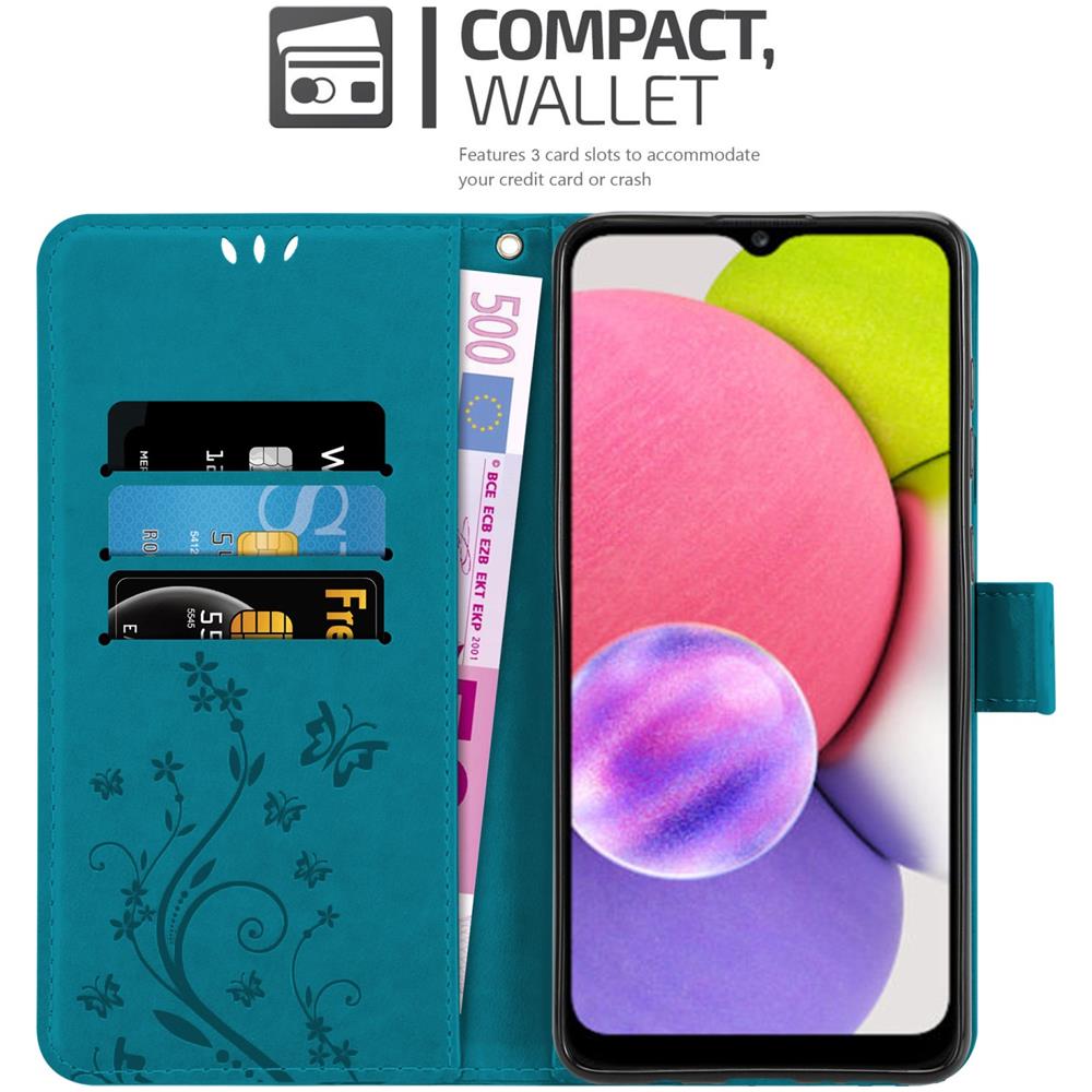 Custodia Compatibile Con Samsung Galaxy A03s In Blu Fiore - Coperchio Protettivo In Design Floreale Con Chiusura Magnetica, Funzione Stand E Slot Per Carte - Foto 2