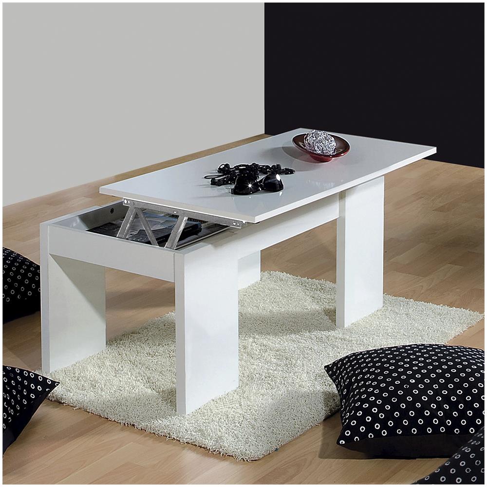 Tavolino Da Salotto Malibu, Tavolino Da Caffè Con Piano Elevabile, Tavolo Basso Da Soggiorno, 100x50h43/84 Cm, Bianco Lucido - Foto 1