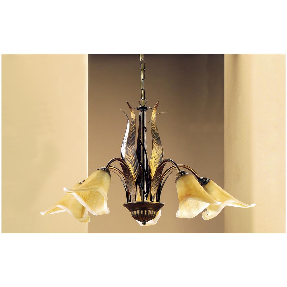 Lampadario 5 Luci In Metallo Marrone Spennellato Oro E Vetri Ambra Stile Classico - Foto 2