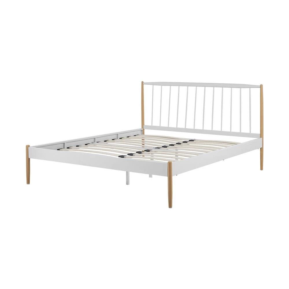 Letto Bianco Con Gambe Marrone Chiaro E Rete A Doghe 160 X 200 Cm Maurs - Foto 2