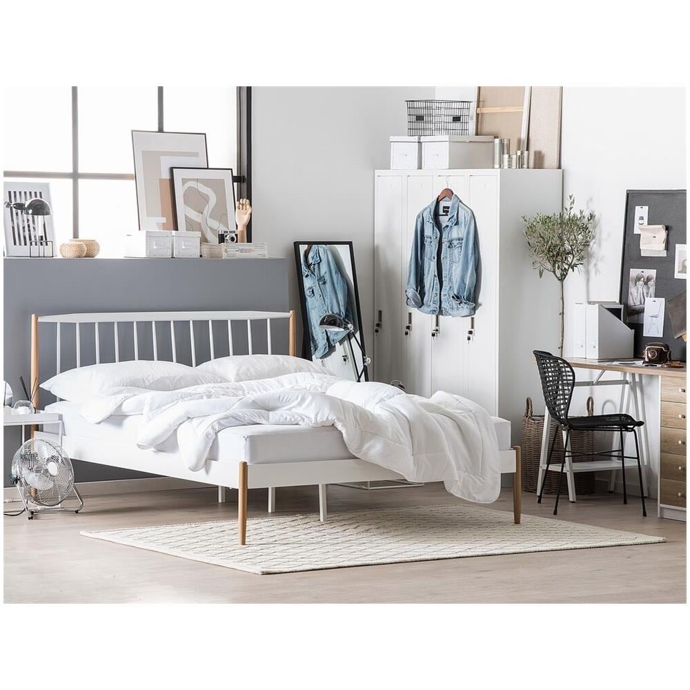 Letto Bianco Con Gambe Marrone Chiaro E Rete A Doghe 160 X 200 Cm Maurs - Foto 1