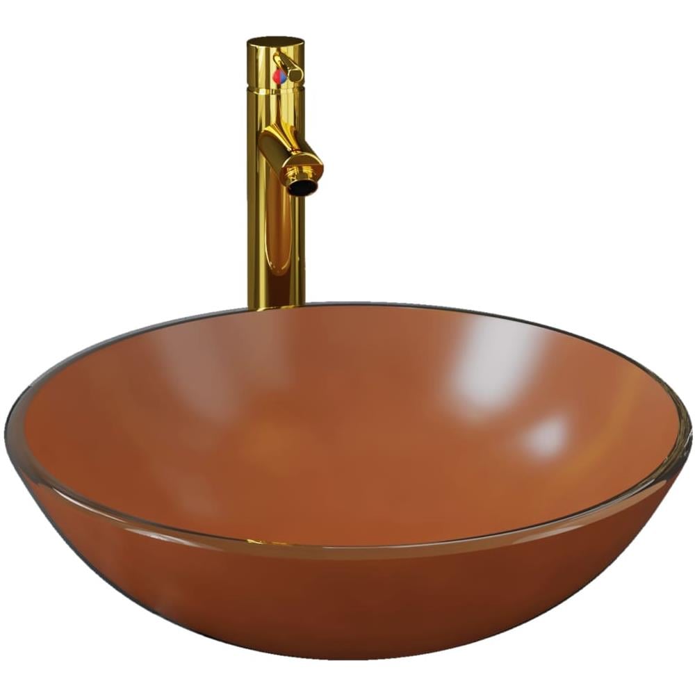 Lavandino con Rubinetto e Piletta in Vetro Temperato Marrone - Foto 2