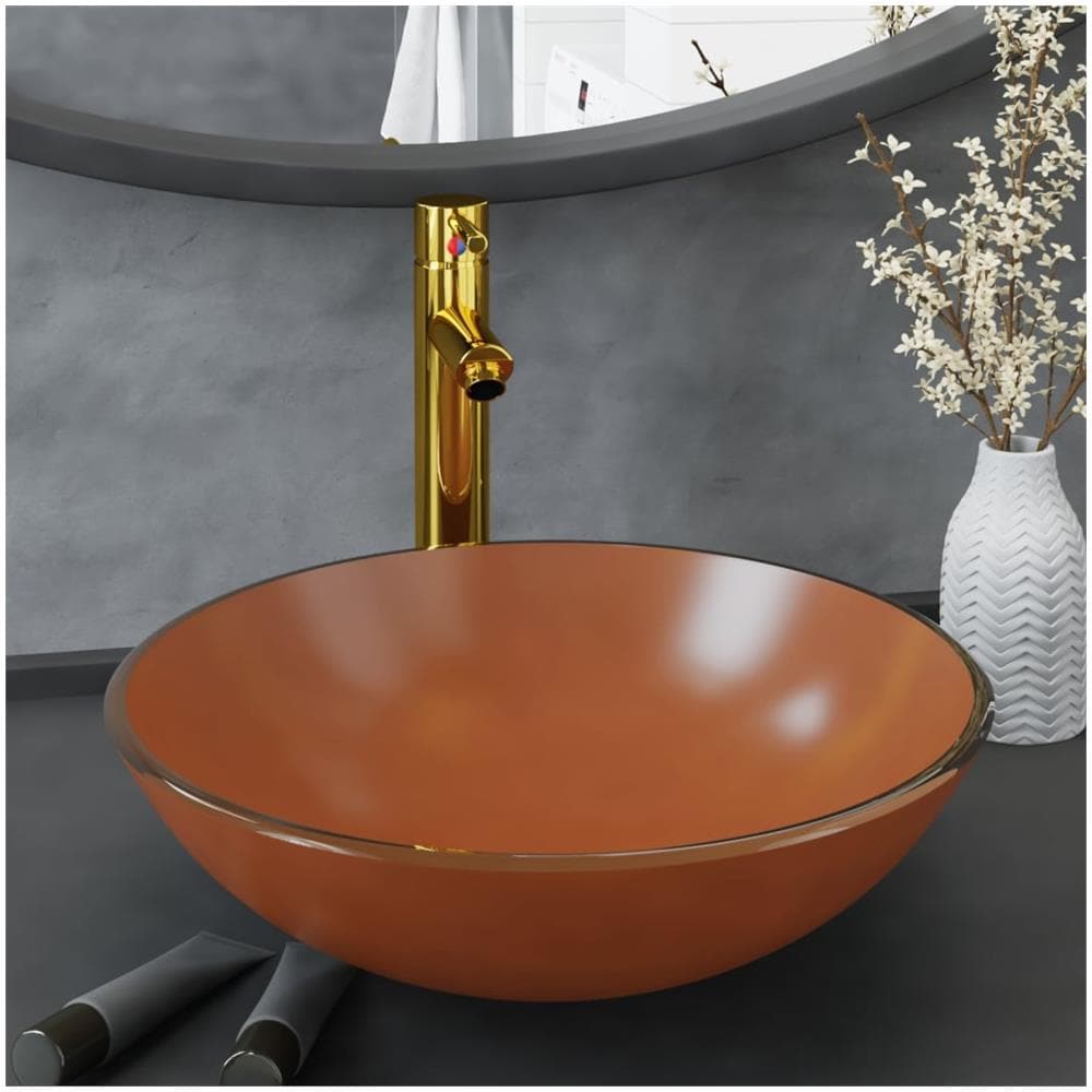 Lavandino con Rubinetto e Piletta in Vetro Temperato Marrone - Foto 1