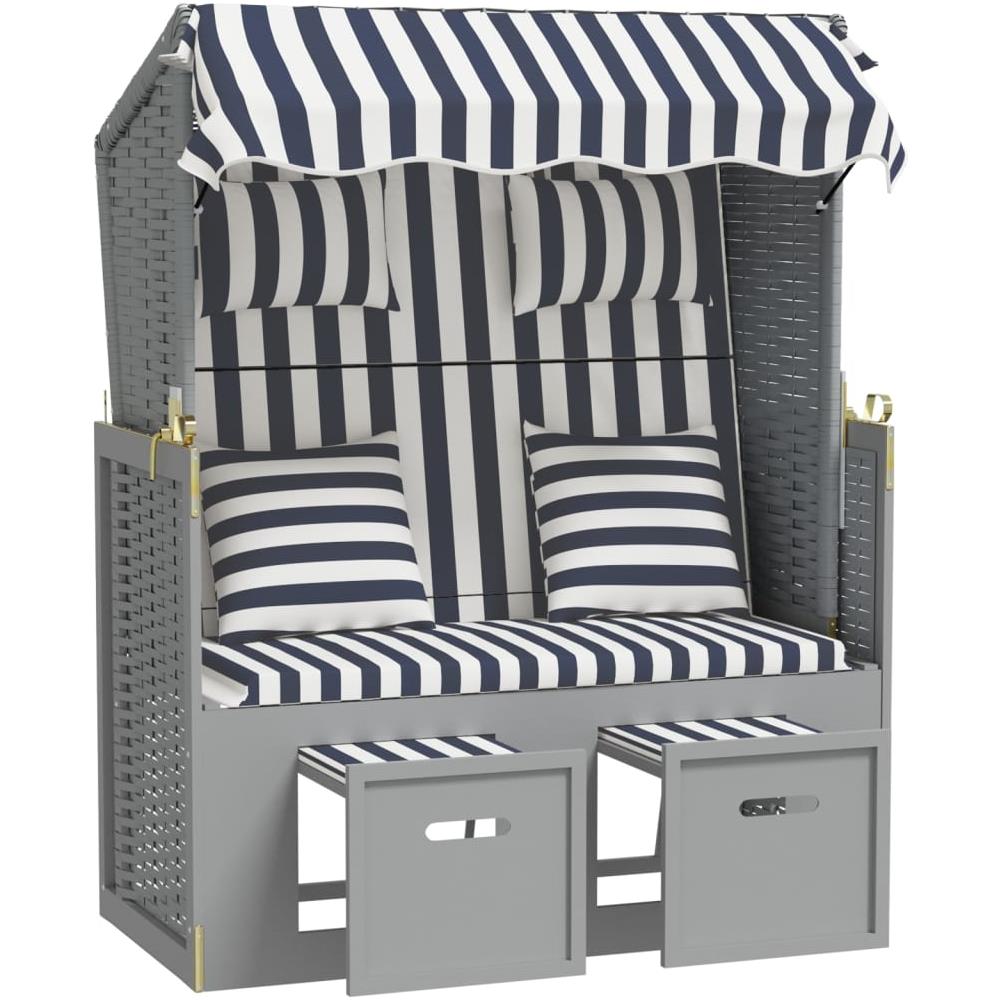 Strandkorb Con Cuscini Polyrattan E Legno Massello Blu E Bianco - Foto 2