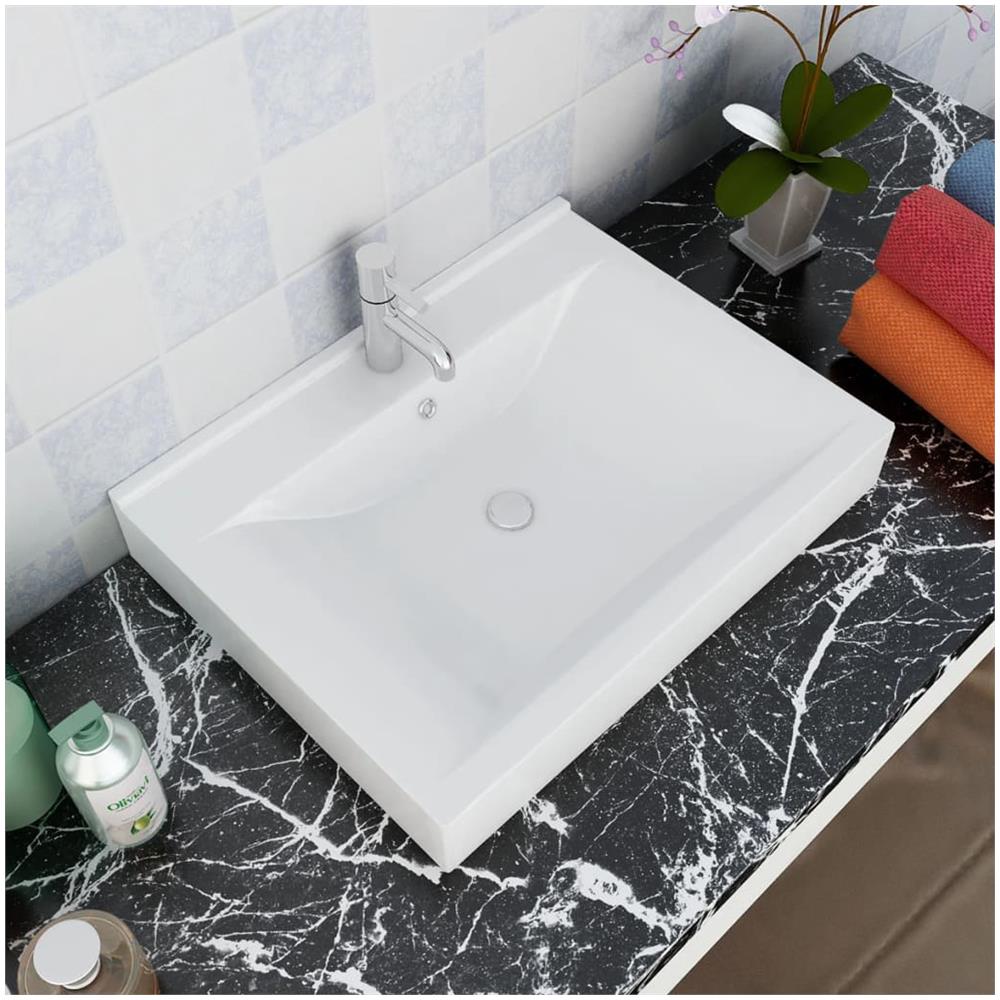Lavello Bianco In Ceramica Rettangolare Con Foro Rubinetto 60 X 46 Cm - Foto 1