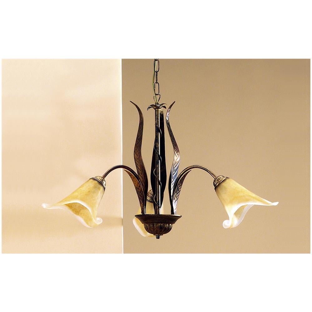 Lampadario 3 Luci In Metallo Marrone Spennellato Oro E Vetri Ambra Stile Classico - Foto 2