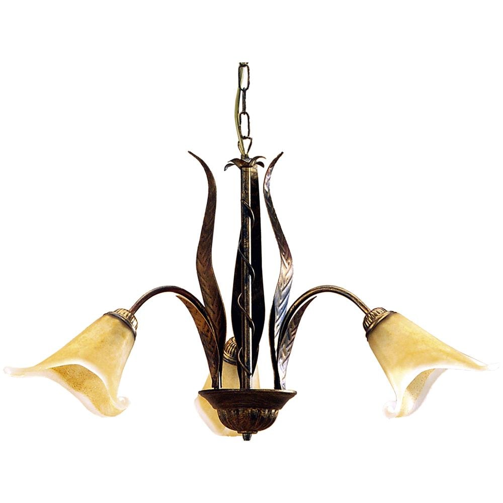 Lampadario 3 Luci In Metallo Marrone Spennellato Oro E Vetri Ambra Stile Classico - Foto 1