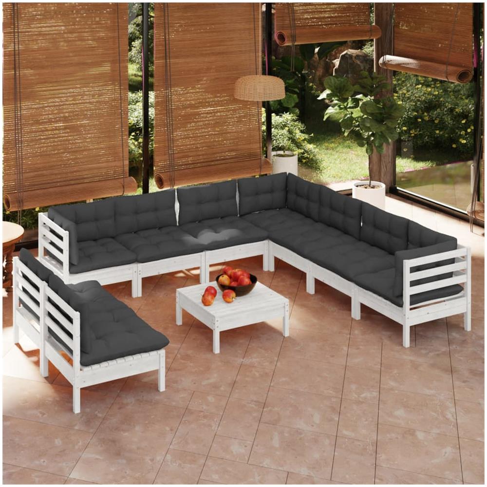 Set Divani Da Giardino 10 Pz Con Cuscini Bianchi Legno Di Pino - Foto 1