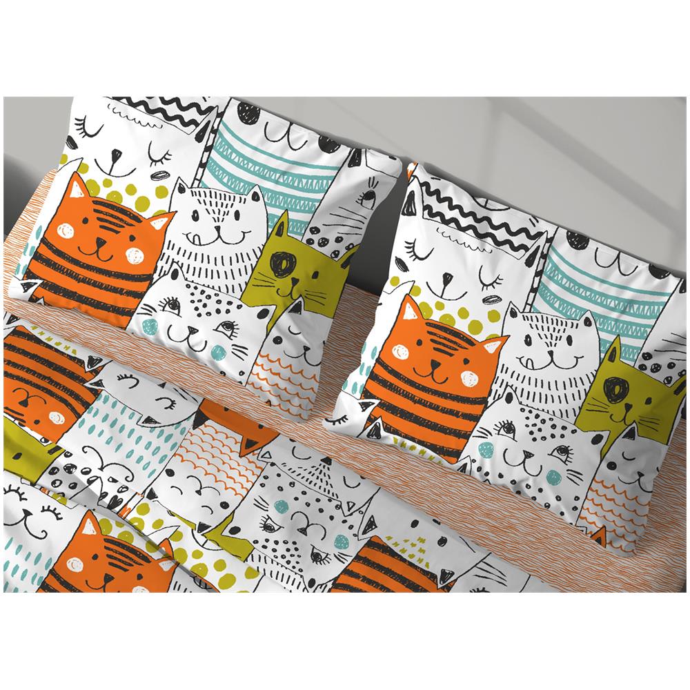 Completo Lenzuola In 100% Cotone Made Italy Disegno Cats Maxi Cats - Foto 5