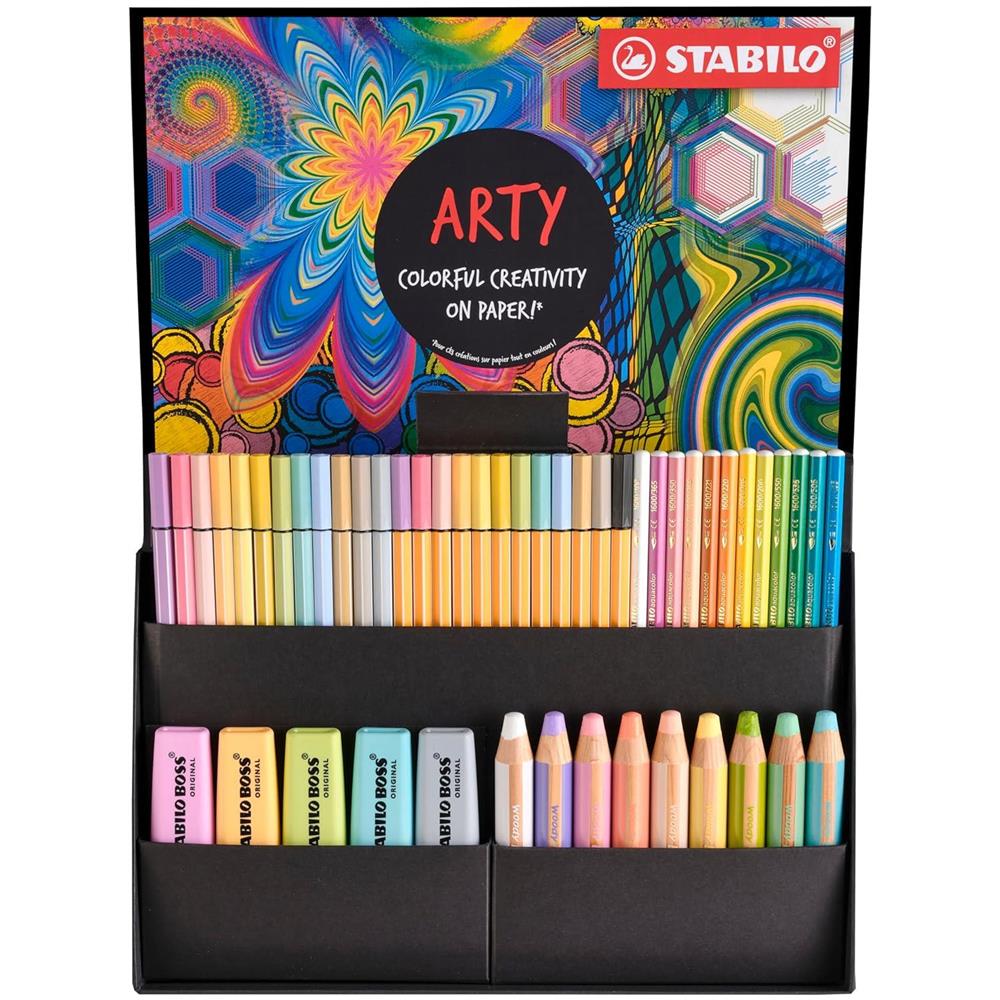 ARTY Creative Set - Set Creativo - Cofanetto da 50 - 5 evidenziatori BOSS ORIGINAL Pastel, 9 matitoni woody 3 in 1, 12 matite colorate aquacolor, 12 pennarelli Pen 68, 12 fineliner point 88 - Foto 1