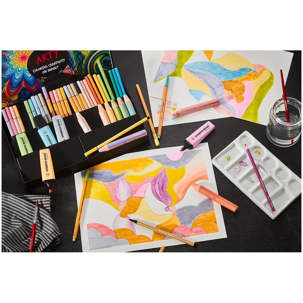 ARTY Creative Set - Set Creativo - Cofanetto da 50 - 5 evidenziatori BOSS ORIGINAL Pastel, 9 matitoni woody 3 in 1, 12 matite colorate aquacolor, 12 pennarelli Pen 68, 12 fineliner point 88 - Foto 6