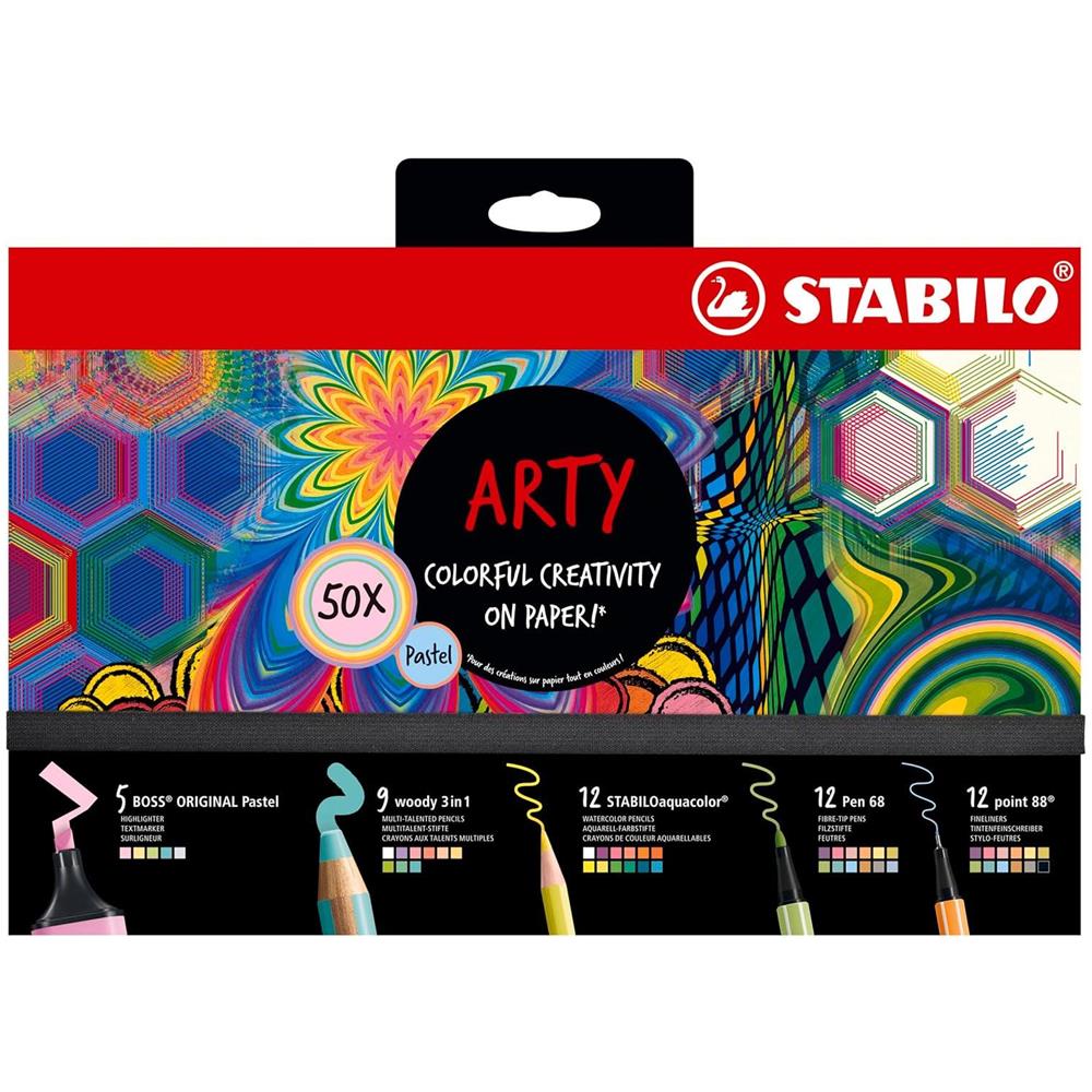ARTY Creative Set - Set Creativo - Cofanetto da 50 - 5 evidenziatori BOSS ORIGINAL Pastel, 9 matitoni woody 3 in 1, 12 matite colorate aquacolor, 12 pennarelli Pen 68, 12 fineliner point 88 - Foto 2