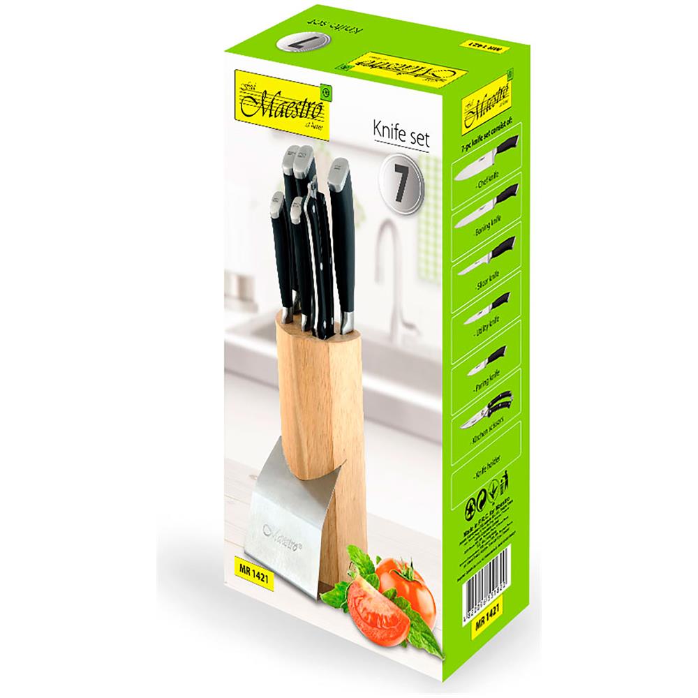 Mr-1421 Set Coltelli Cucina 7 Pezzi Ceppo Coltelli In Legno, Lame Acciaio Inox, Forbici Argento - Foto 7