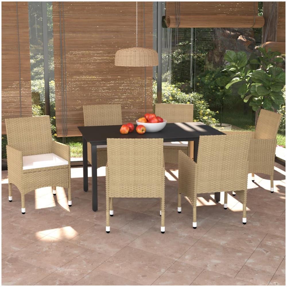 Set Pranzo Da Giardino 7 Pz Con Cuscini In Polyrattan Beige - Foto 1