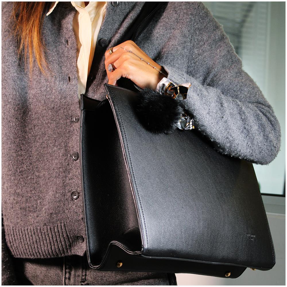 Borsa Shopper In Similpelle Con Foulard E Pompon - Paris - Nera - Foto 6